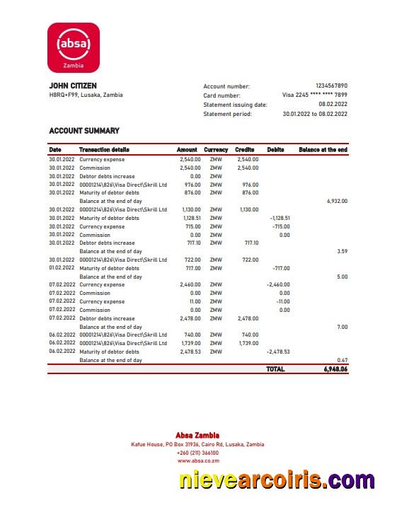 Zambia Absa bank statement, Excel and PDF